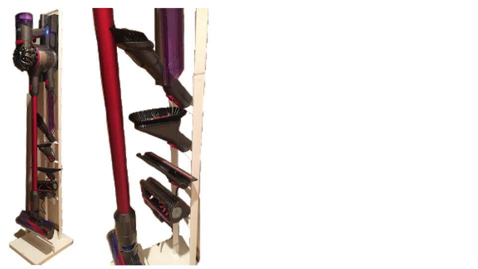 ダイソン V8 slim fluffy+に対しYamazaki 3559を使用した写真とアタッチメント部分を拡大した写真